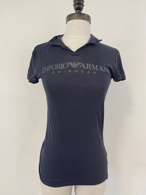Emporio Armani Swimwear Navy Blue Womens Short Sleeve Collared Shirt M